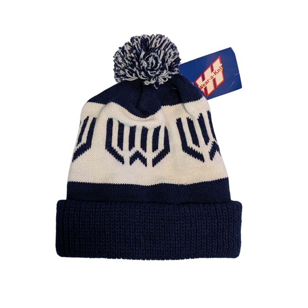 Wear-a-Knit Vintage Beanie Hat Navy Blue Cream Geometric Pom Pom Made in USA NWT